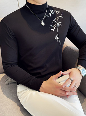 新中式中领长袖T恤男秋冬紧身半高领打底衫刺绣修身弹力黑色内搭