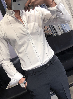 衬衫男长袖修身韩版潮流帅气西装衬衣商务正装休闲竖条纹中袖寸衫