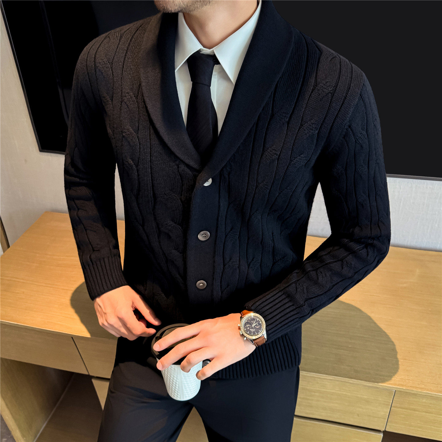 秋冬加厚款保暖毛衣绞花条纹青果领羊毛开衫针织衫男商务休闲外套