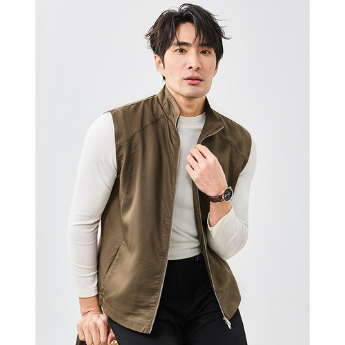 100%莱赛尔立领双拉链马甲背心男休闲百搭轻奢高级感痞帅无袖外套