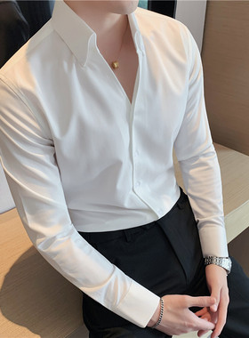 法式一片领白色V领发型师长袖衬衫男痞帅高级感加绒意式立领衬衣