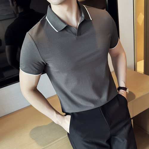 夏季小V领polo衫男短袖轻商务翻领保罗衫冰凉透气男士休闲T恤上衣