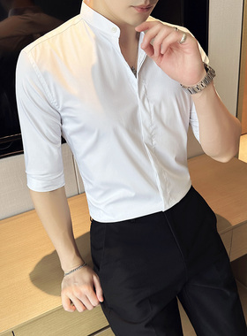 新中式立领衬衫男中袖白色免烫垂感轻奢纯色短袖男士高级感衬衣潮