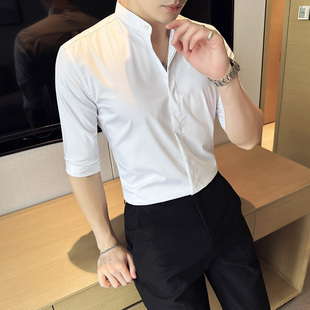男士 新中式 白色免烫垂感轻奢纯色短袖 男中袖 高级感衬衣潮 立领衬衫