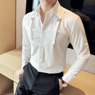 小眾設計感春夏新款 高級感休閑白襯衣發型師潮男 背帶拼接網紅襯衫