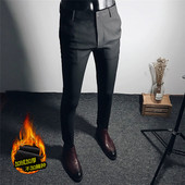 垂感弹力加绒刺绣长裤 九分小脚裤 黑色修身 2026高级感商务休闲西裤