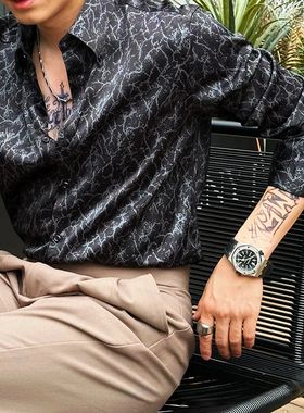 黑色烫钻印花长袖衬衫男款轻熟风商务通勤穿搭修身衬衣外套高级感