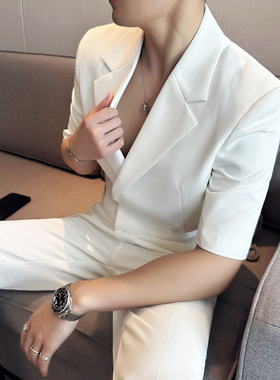 夏季冰丝薄款男士短袖西服套装高级感商务白色七分中袖西装两件套