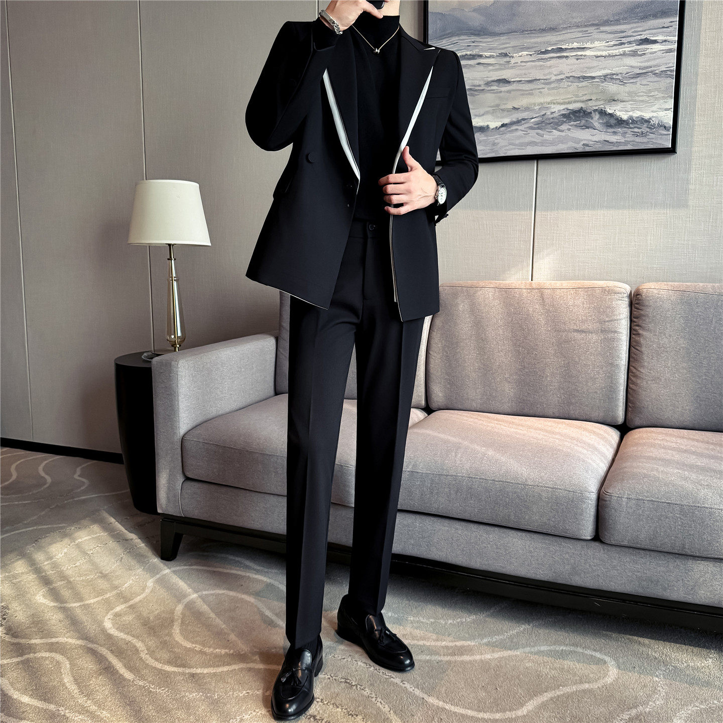 2026新款设计感双层领西装套装高级感商务羊毛厚款休闲西服西裤男