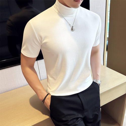 小高领短袖T恤弹力中领打底衫男