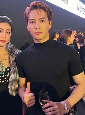 王嘉尔同款半高领打底衫男短袖毛衣黑色轻奢潮流高级感内搭针织衫