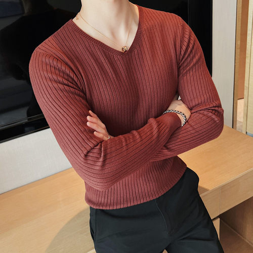高弹暗条纹男针织毛衣V领打底衫
