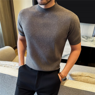 高品质羊毛针织衫 打底毛线衣男 套头半高领亲肤柔软莫代尔中领短袖