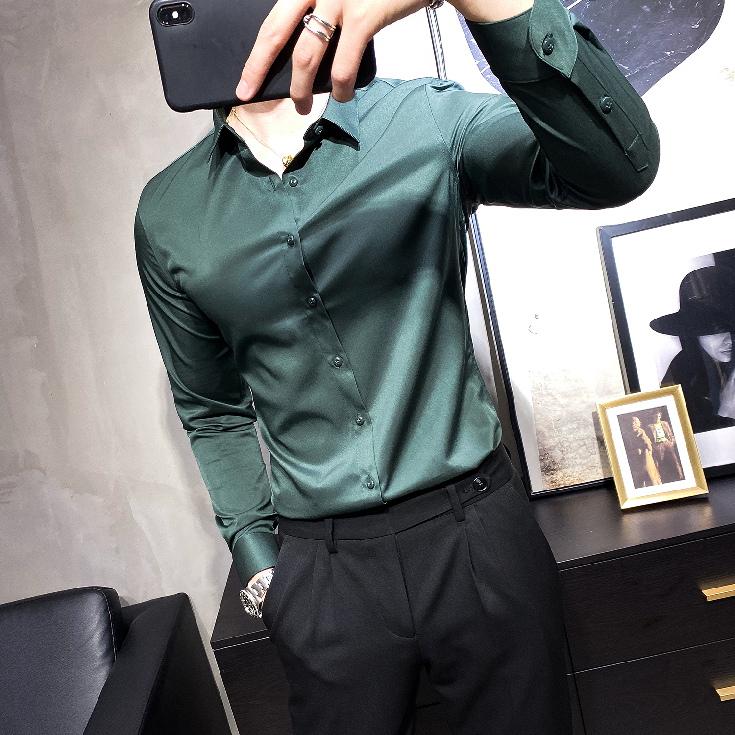 衬衫男士长袖弹力韩版西服内搭衬衫潮流修身免烫抗皱商务正装衬衣