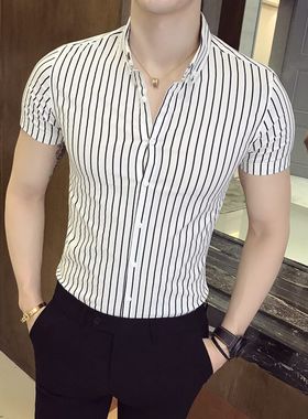夏季竖条纹短袖衬衫男韩版修身英伦青年商务休闲半袖衬衣潮男寸衫