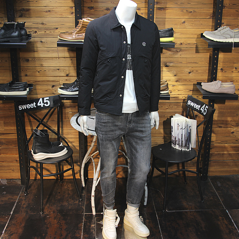 弧形拼接冬装男翻领羽绒夹克原创拉链设计青年修身帅气保暖羽绒服