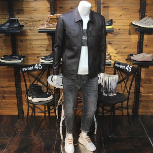 磁吸口男翻领皮衣简欧时尚 帅气拉链皮夹克春秋外套 轻奢风青年修身