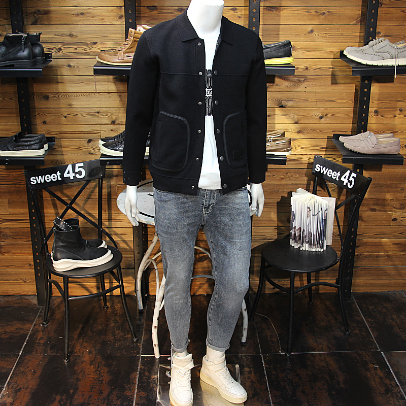 口袋包边设计秋冬男针织夹克简约修身翻领青年帅气毛衣开衫外套