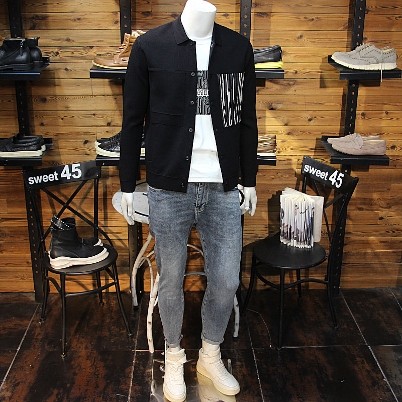 秋冬男士翻领针织夹克简约日系拼接设计修身青年毛衣开衫长袖外套