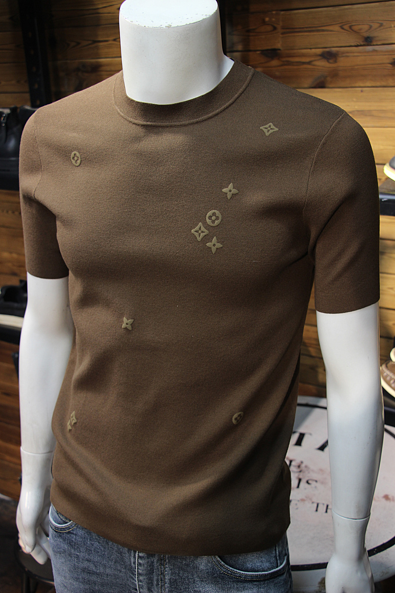 秋冬男天丝羊绒针织短袖简欧小标轻奢时尚修身男天丝毛衣T恤打底