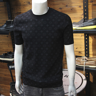 提花工艺秋冬男针织短袖简欧时尚圆领修身弹力青年毛衣T恤毛线t恤