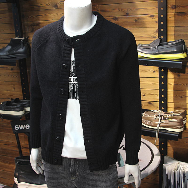 羊毛混纺秋冬男针织开衫单排大扣设计圆领时尚老钱青年毛衣夹克