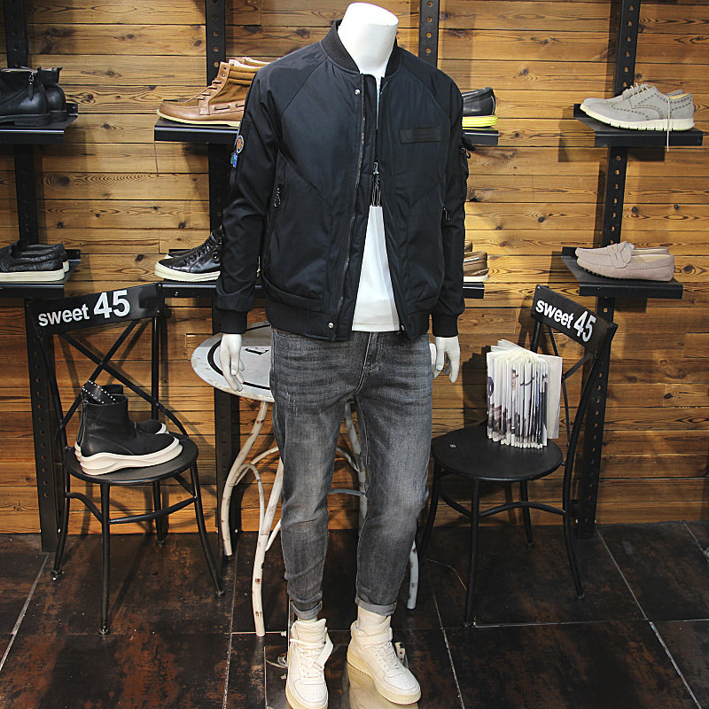 冬装男棒球服二棉夹克拉链口袋青年修身休闲螺纹立领棉衣薄棉外套