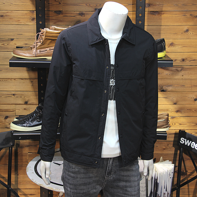 冬装男翻领衬衣羽绒服简约拼接口袋修身休闲青年保暖羽绒夹克外套