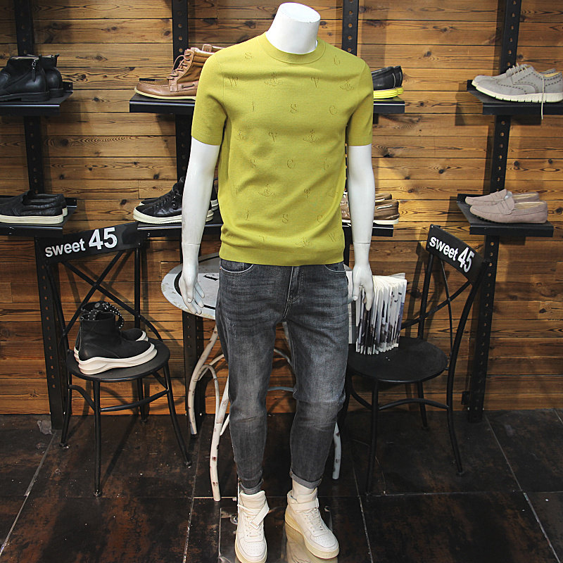 冬季丝光羊绒男针织短袖时尚简欧轻奢修身圆领提花保暖毛衣T恤
