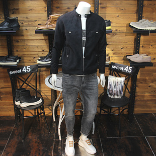 磨砂皮小立领男士皮夹克青年修身休闲春秋长袖外套机车短款皮衣