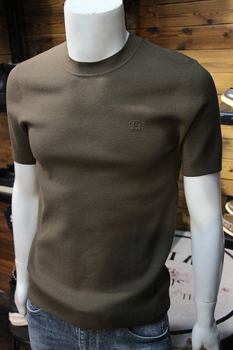 简欧立体小标男天丝羊绒针织短袖轻奢时尚修身圆领青年秋冬毛衣T