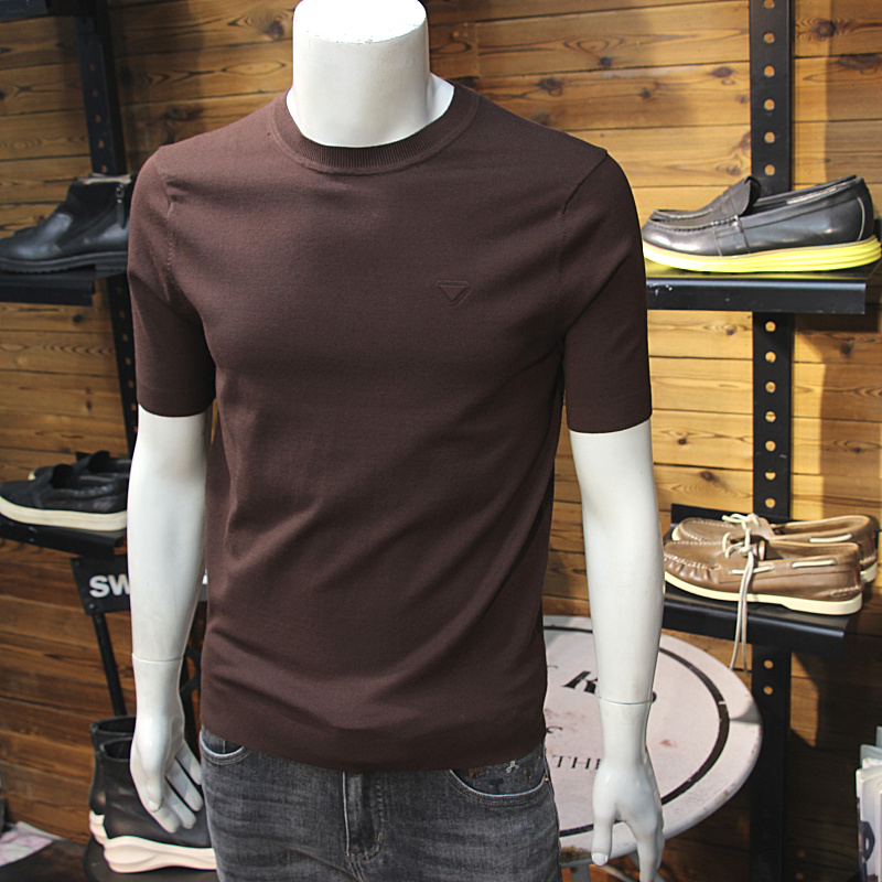 秋冬男针织短袖简约立体三角标修身圆领青年毛衣半袖毛线T恤打底