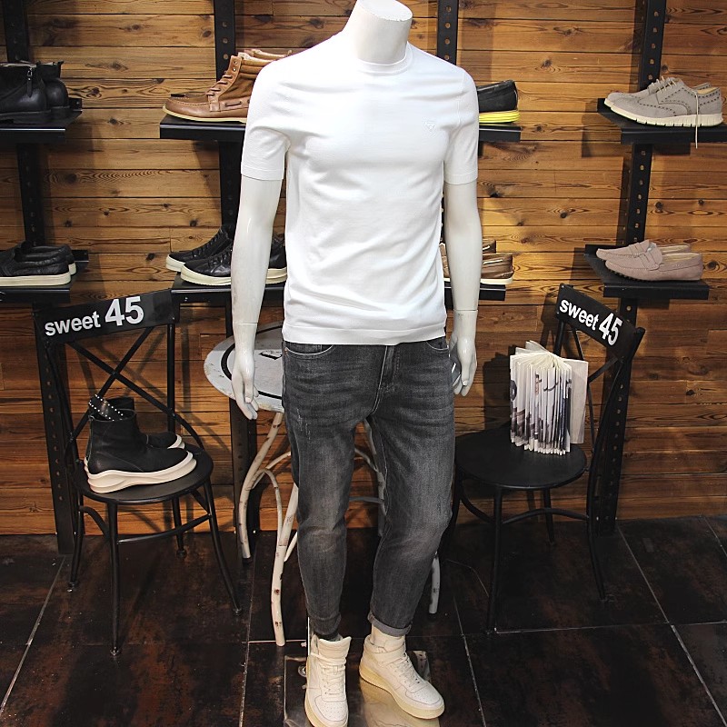 小图标刺绣秋冬男士圆领针织短袖弹力修身休闲百搭毛衣半袖T恤