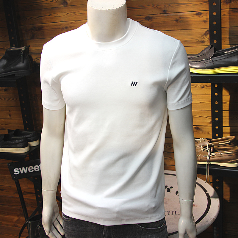 秋冬男磨毛加厚短袖圆领修身简约立体小标青年舒绒舒适打底厚T恤