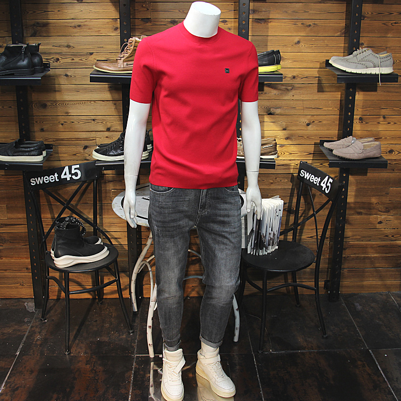 秋冬男天丝针织短袖红色年货简约修身圆领青年毛衣半袖T恤打底衫