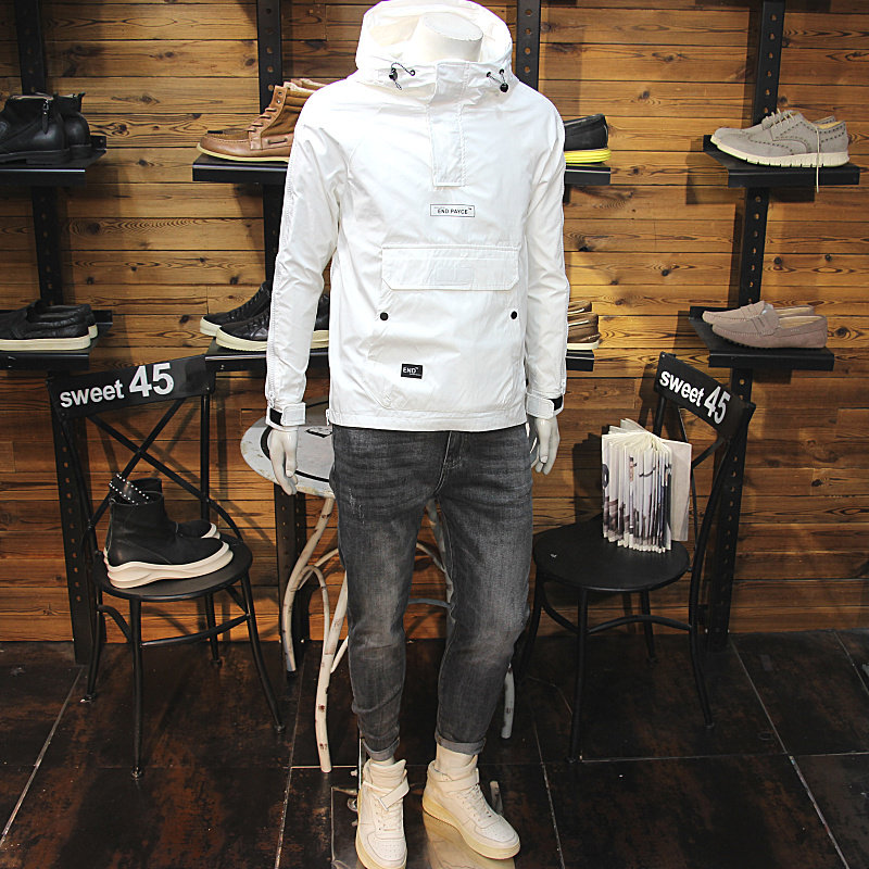 秋装男大拉链连帽冲锋衣外套时尚帅气青年插兜套头带帽卫衣外套