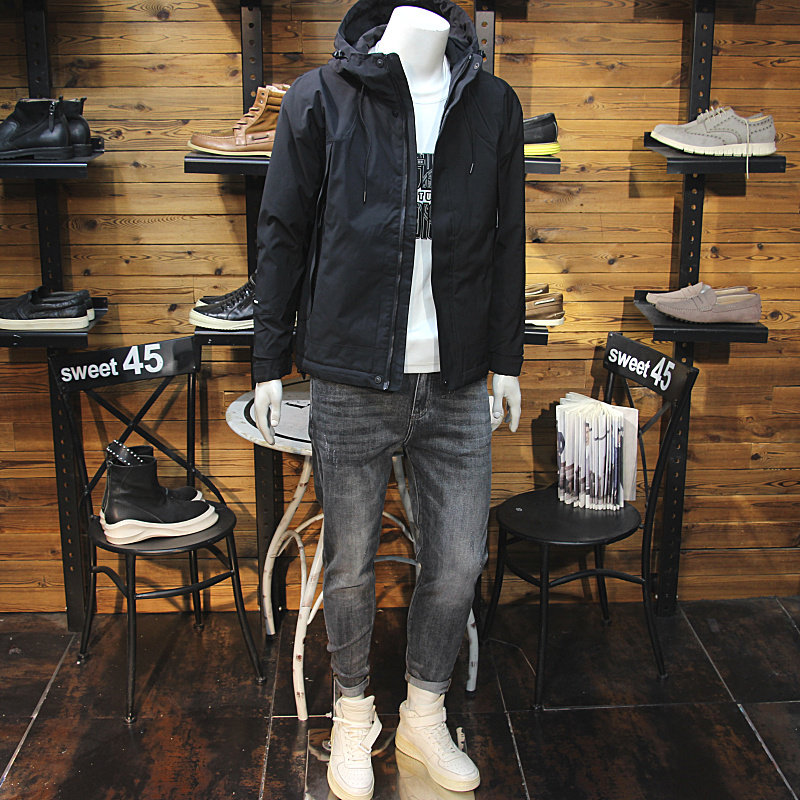 冬装男二棉连帽外套简单净版修身拉链口袋青年薄棉防风保暖棉衣