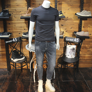 秋冬男士半高领针织短袖简约净版修身弹力毛线T恤寸领毛衣短袖t恤