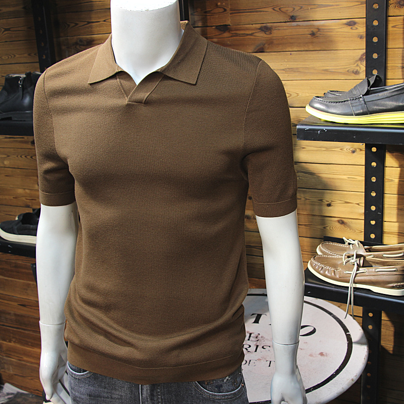 秋冬男羊毛天丝针织Polo时尚简欧净版纯色V领毛线Polo衫翻领短袖