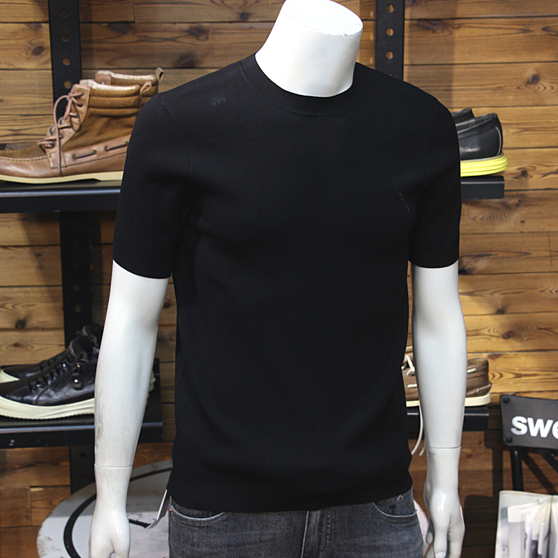 秋冬男士分割线提花针织短袖圆领修身弹力青年毛衣T恤简欧针织衫t