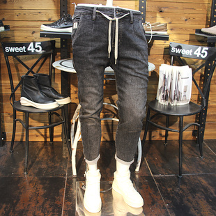 松紧腰抽绳男灰色牛仔裤复古水洗潮流青年牛仔长裤斜插兜牛仔裤