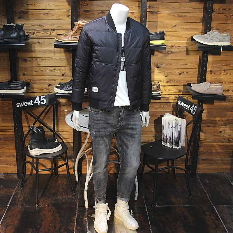 冬装男棒球领羽绒服夹克简约净版修身拉链口袋轻薄保暖羽绒外套