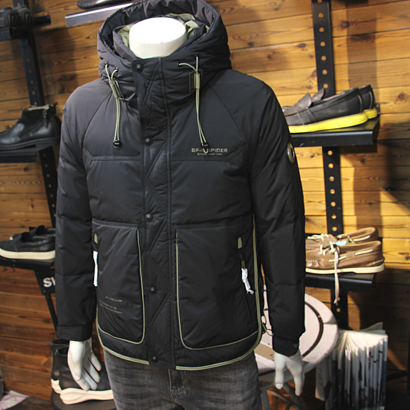 冬季男士连帽加厚羽绒服工装口袋拼接色帅气保暖防风带帽羽绒夹克