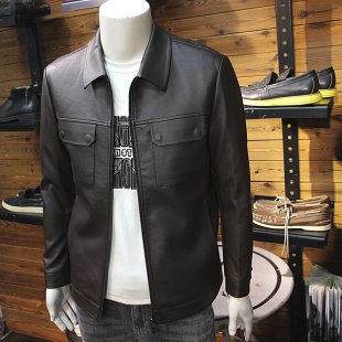 磁吸口男翻领皮衣简欧时尚 帅气拉链皮夹克春秋外套 轻奢风青年修身