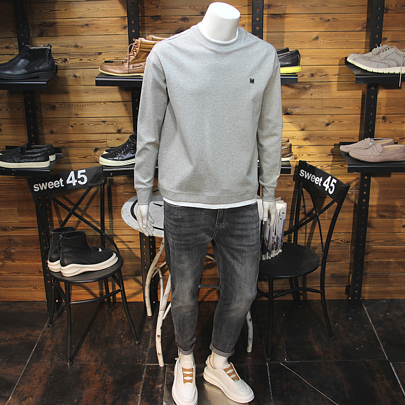 拼接假两件春季男圆领卫衣简约刺绣小图标青年百搭帅气套头卫衣