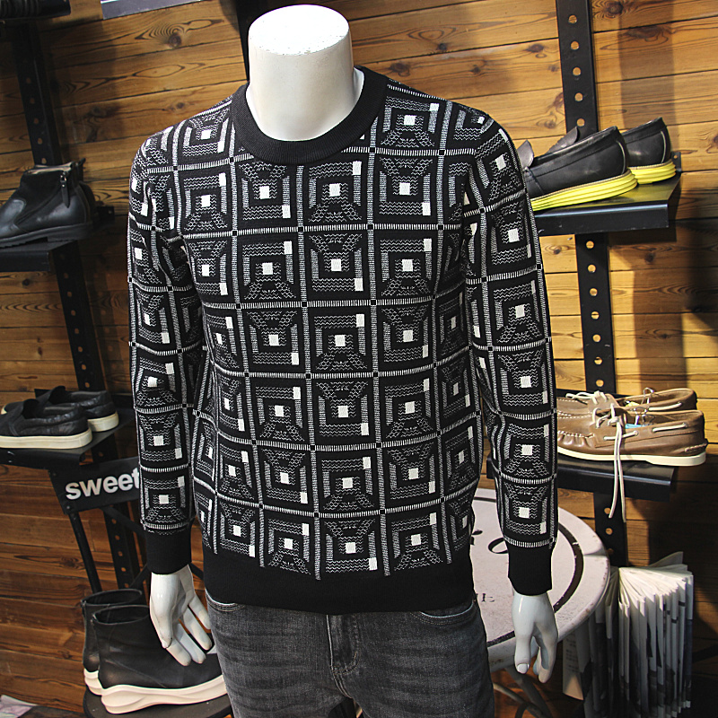 格子花色秋冬男圆领套头毛衣时尚帅气修身圆领保暖长袖针织衫线衣