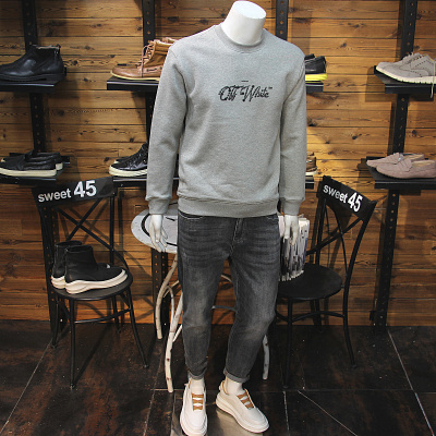 加绒加厚秋冬保暖男卫衣简约字母圆领修身休闲青年长袖套头卫衣