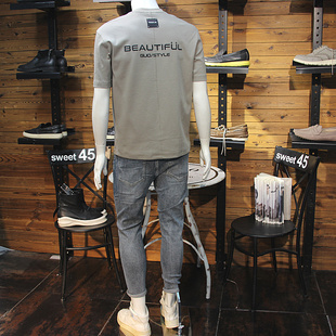 后背字母拼接设计秋冬男加厚短袖高克重圆领修身休闲青年厚料T恤