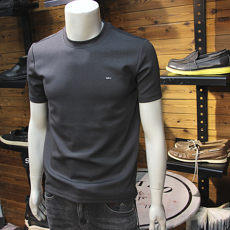 舒适莫代尔秋冬男加厚短袖简小鲨鱼修身圆领弹力青年厚料T恤半袖