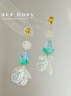 Lace无耳洞蚊香盘耳夹原创设计鱼尾紫色郁金香仙女风长款婚纱耳钉